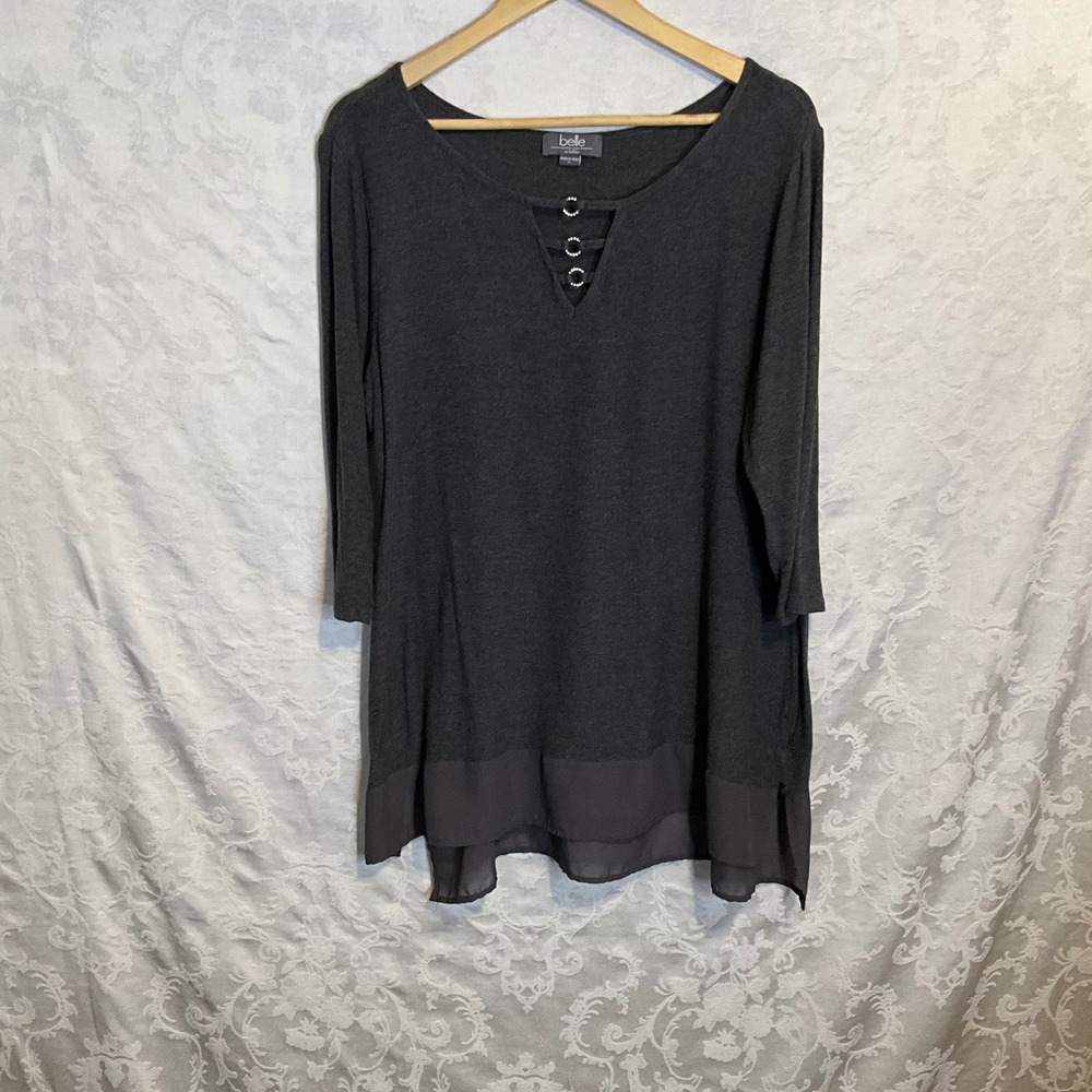 Belle by Belldini‎ Women's Charcoal Gray V-Neck Embellished Tunic Top 1X